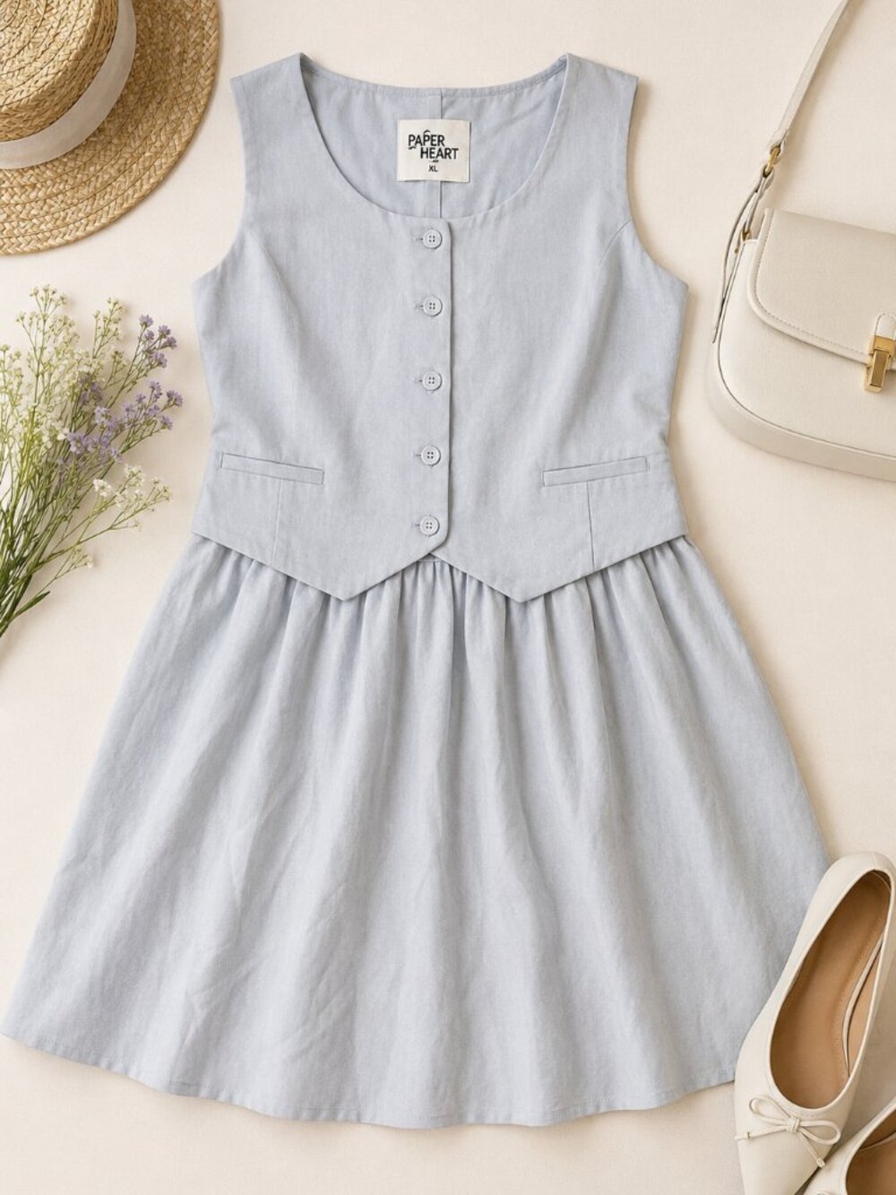 Paper Heart XL Blue Linen Blend Vest Front Sleeveless Mini Dress Cottagecore